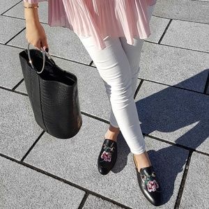 Cheska Floral Embroidered Flat Mule In Black Faux